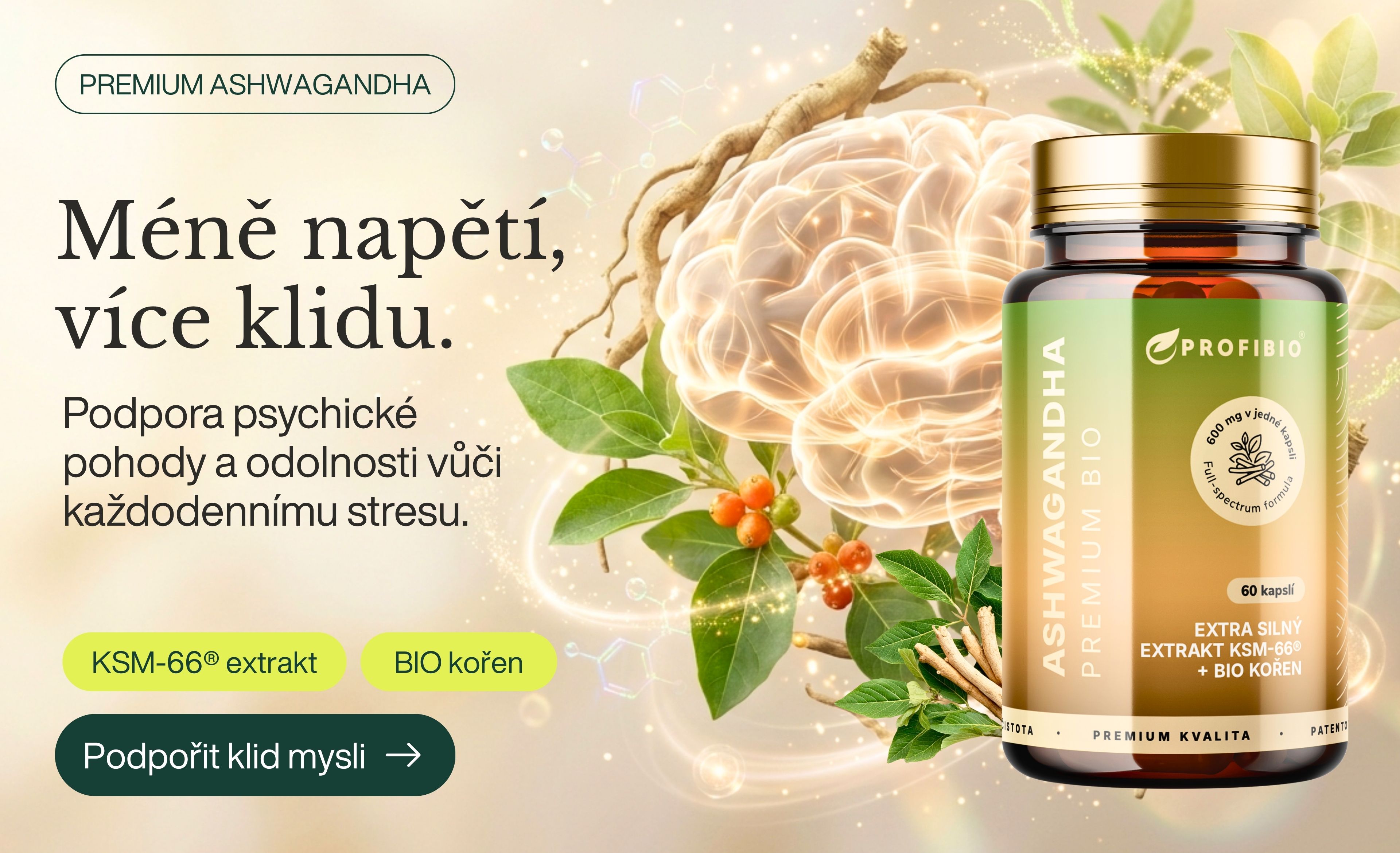 PREMIUM Ashwagandha KSM-66®, 600 mg, Extra silný extrakt + BIO kořen, Bioaktivní Full Spectrum, Vysoce vstřebatelná, 60 kapslí